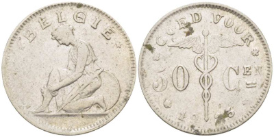 БЕЛЬГИЯ 50 САНТИМОВ 1923 BELGIE KM 88 никель 100-1043