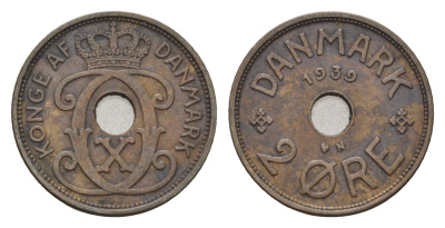 Дания 2 эре 1939 N, Кристиан X (1912-1947) KM 827 бронза 4701-918