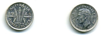 АВСТРАЛИЯ 3 ПЕННИ 1943 S ГЕРГ VI серебро UNC 7-5-26-15