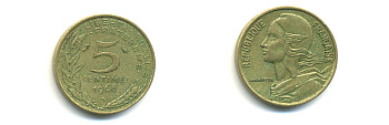 ФРАНЦИЯ 5 САНТИМОВ 1966 ТИП MARIANNE KM 933, LE FRANC 125.2 алюминиевая бронза 86-1721