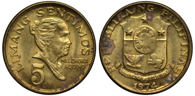 ФИЛИППИНЫ 5 СЕНТИМО 1974 МЕЛЬХОРА АКУИНО KM 197 латунь XF- 4181-356