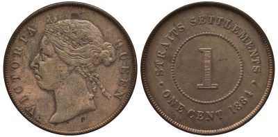 Стрейтс-Сетлментс 1 цент 1884 Виктория (1837-1901), монетный тип KM 9а медь 1523-325
