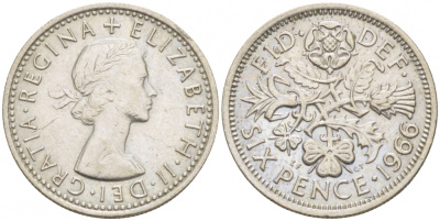 Великобритания 6 пенсов 1966 Елизавета II (1952-2022) KM 903, Spink 4149 медно-никель 214-722