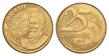 Бразилия 25 сентаво 2002 KM 650 сталь плакированная латунью UNC 4688-147