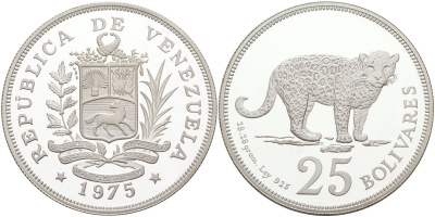 Венесуэла 25 боливаров 1975 ягуар, тираж 8217 экз. KM 46 серебро PROOF 00-000-00