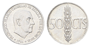 Испания 50 сентимо 1966 (67) Франсиско Франко (1939-1975) KM 795 алюминий aUNC 4705-1023