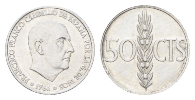 Испания 50 сентимо 1966 (67) Франсиско Франко (1939-1975) KM 795 алюминий aUNC 4705-1023