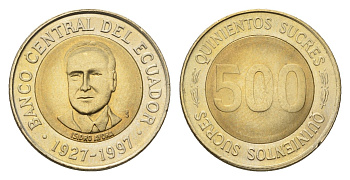 Эквадор 500 сукре 1997 70 лет Центробанку KM 102 биметалл UNC 4697-442