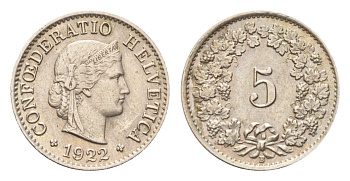 Швейцария 5 раппенов 1922 B KM 26 медно-никель 4705-1219