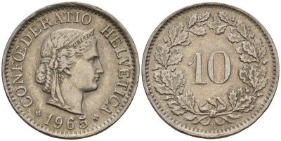 Швейцария 10 раппенов 1965 B KM 27 медно-никель 4189-411