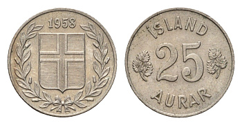 Исландия 25 эйре 1958 KM 11 медно-никель 4690-613