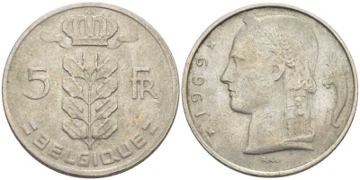 БЕЛЬГИЯ 5 ФРАНКОВ 1969 BELGIQUE, БОДУЭН I (1951-1993) KM 134.1 медно-никель 119-722