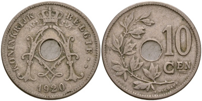 Бельгия 10 сантимов 1920 Король Альберт I (1910 - 1934) KM 86 медно-никель 183-413