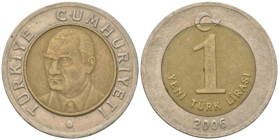 Турция 1 новая лира 2006 KM 1169 биметалл 4610-1144