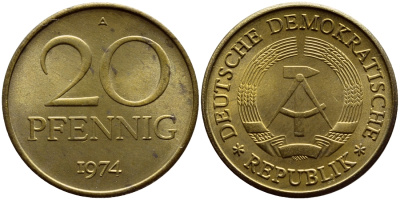 ГДР 20 пфеннигов 1974 А KM 11 латунь UNC 4681-415