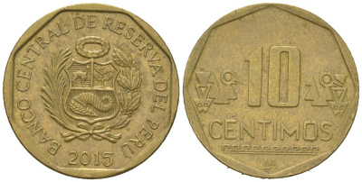 Перу 10 сентимо 2015 LIMA KM 305.4 латунь 4523-251