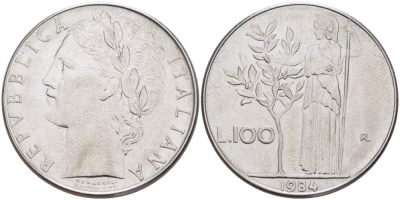 ИТАЛИЯ 100 ЛИР 1984 R, АФИНА, ДИАМЕТР 28 ММ. KM 96.1 нержавеющая сталь 4531-115