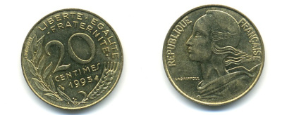Франция 20 сантимов 1995 тип Marianne KM 930, Le Franc 156.39 медь алюминий никель 25-434