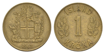 Исландия 1 крона 1963 KM 12a никель латунь 4633-1241