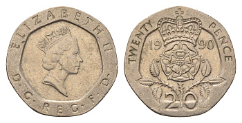 Великобритания 20 пенсов 1990 Елизавета II (1952-2022) KM 939, Spink 4361 (G2) медно-никель 4696-843