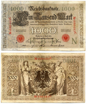 Германия 1000 марок 1910 21 апреля 1910, красная печать, номер шестизначный, серия C, буква N, выпуск 1915-1917 Г. Pick 44, Роземберг 45a бумага VF 8606-42-1-2