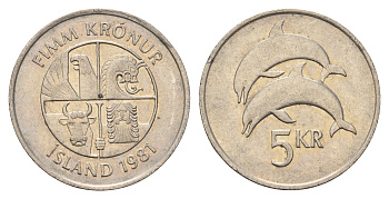 Исландия 5 крон 1981 дельфины KM 28 медно-никель 4591-854