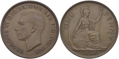Великобритания 1 пенни 1938 Георг VI (1936-1952) KM 845, Spink 4114 бронза 97-1113