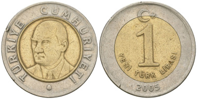 Турция 1 новая лира 2005 KM 1169 биметалл 4610-1143