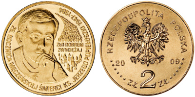 Польша 2 злотых 2009 MW, 25 лет со дня убийства Ежи Попелушко (1947-1984) KM 700 нордик UNC 4676-545
