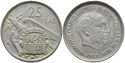 ИСПАНИЯ 25 ПЕСЕТ 1957 (65) ФРАНСИСКО ФРАНКО ДИКТАТОР ИСПАНИИ (1939-1975) KM 787 медно-никель 4393-243