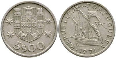 ПОРТУГАЛИЯ 5 ЭСКУДО 1971 ПАРУСНИК KM 591 медно-никель 4388-512
