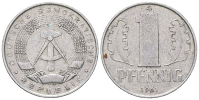 ГДР 1 пфенниг 1961 A KM 8.1 алюминий 206-838