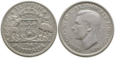 Австралия 1 флорин 1947 Георг VI (1937-1952), герб Австралии KM 40a серебро 4379-221