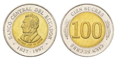 Эквадор 100 сукре 1997 70 лет Центробанку KM 101 биметалл UNC 4697-431