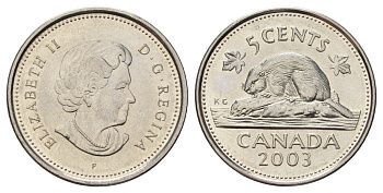 Канада 5 центов 2003 P, Елизавета II (1952-2022), бобр KM 491 сталь плакированная никелем UNC 4689-451
