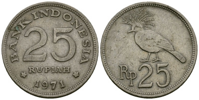 Индонезия 25 рупий 1971 венценосный голубь KM 34 медно-никель 4136-1045