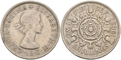 Великобритания 2 шиллинга (флорин) 1965 Елизавета II (1952-2022) KM 906, Spink 4146 медно-никель 4117-1032