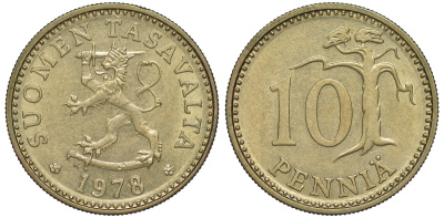 ФИНЛЯНДИЯ 10 ПЕННИ 1978 K KM 46 алюминиевая бронза 3334-1135