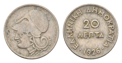 Греция 20 лепт 1926 Афина в коринфском шлеме, год-тип KM 67 медно-никель 4668-1243
