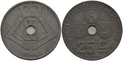 Бельгия 25 сантимов 1944 Belgie - Belgique, Леопольд III (1934-1947), германская оккупация, Вторая мировая война KM 132 цинк 4157-622