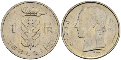 БЕЛЬГИЯ 1 ФРАНК 1980 BELGIE KM 143.1 медно-никель 4546-432