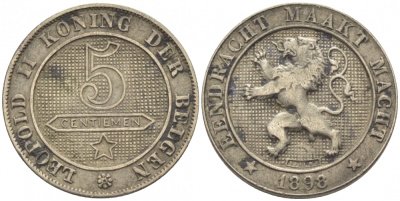 БЕЛЬГИЯ 5 САНТИМОВ 1898 BELGEN KM 41 медно-никель 116-727