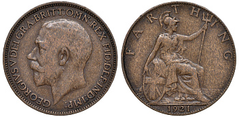 Великобритания 1 фартинг 1921 Георг V (1910-1936) KM 808.2 Spink 4060 бронза 4609-1041