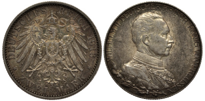Пруссия 2 марки 1913 A, Вильгельм II (1888-1918), 25 лет правления (мундир) Weege 111, J. 111, KM 533 серебро 3711-844