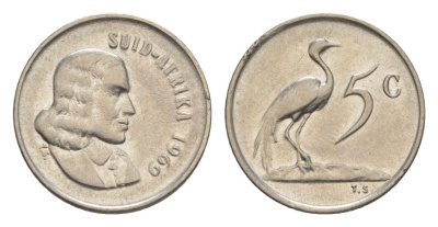 ЮАР 5 центов 1969 Ян ван Рибек (1619-1677), Suid Africa, легенда на африкаанс, райский журавль KM 67.2 медно-никель 4602-956