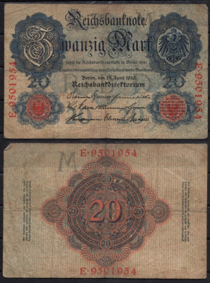 Германия 20 марок 1910 Pick 40 b бумага 6293-33-3-2