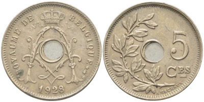 БЕЛЬГИЯ 5 САНТИМОВ 1928 BELGIQUE, АЛЬБЕРТ I (1909-1934) KM 66 медно-никель 116-943
