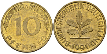 ФРГ 10 пфеннигов 1991 A KM 108, J. 383 сталь плакированная латунью 4175-355
