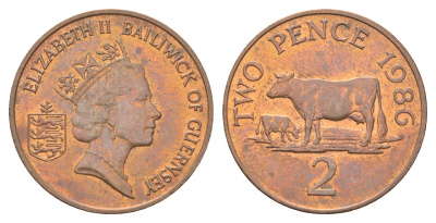 Гернси 2 пенса 1986 Елизавета II (1952-2022), краб KM 41 бронза 4703-1153