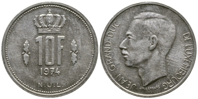 ЛЮКСЕМБУРГ 10 ФРАНКОВ 1974 KM 57 никель 4383-523